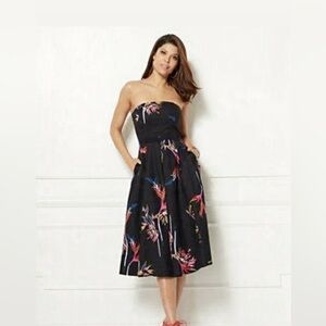 New York & Company Strapless Black Dress with Floral Design